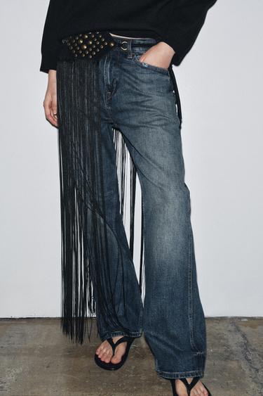 Zara 100% LEATHER SASH BELT WITH STUDS AND FRINGES - Black