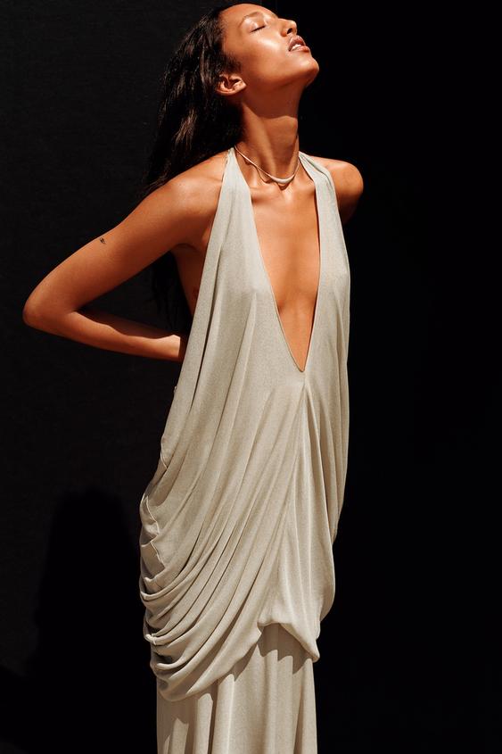 Zara V-Neck Lantern Sleeve Hollow out Vintage Single Breasted Dress