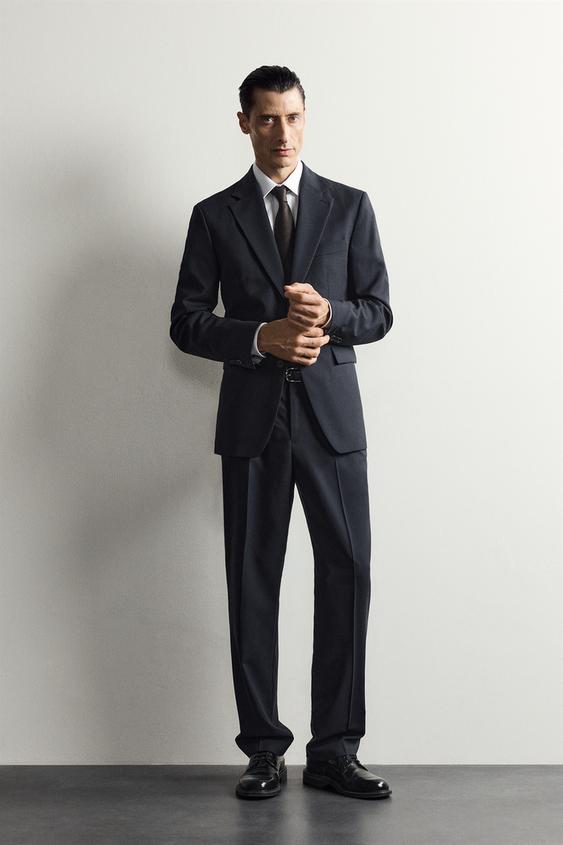 PANTALON COSTUME CARREAUX 100% LAINE - Bleu marine foncé de Zara - Image 0