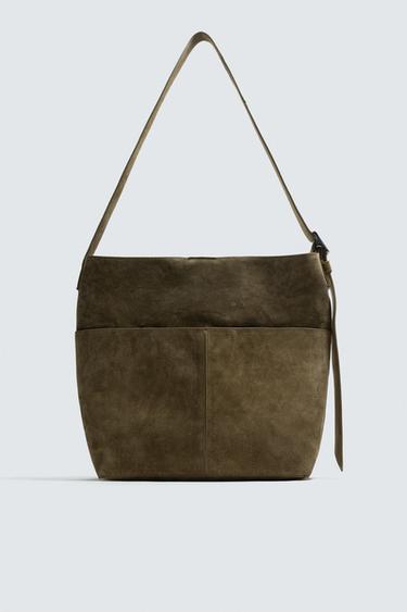 BOLSO SHOPPER PIEL - Verde Caqui de Zara - Imagen 0