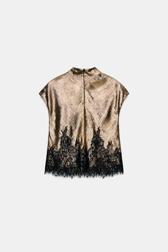 TOP EFFET MÉTALLISÉ DENTELLE - Noir or de Zara - Image 7