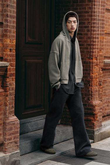 Zara 水洗華夫格連帽運動衫 - 淺灰色