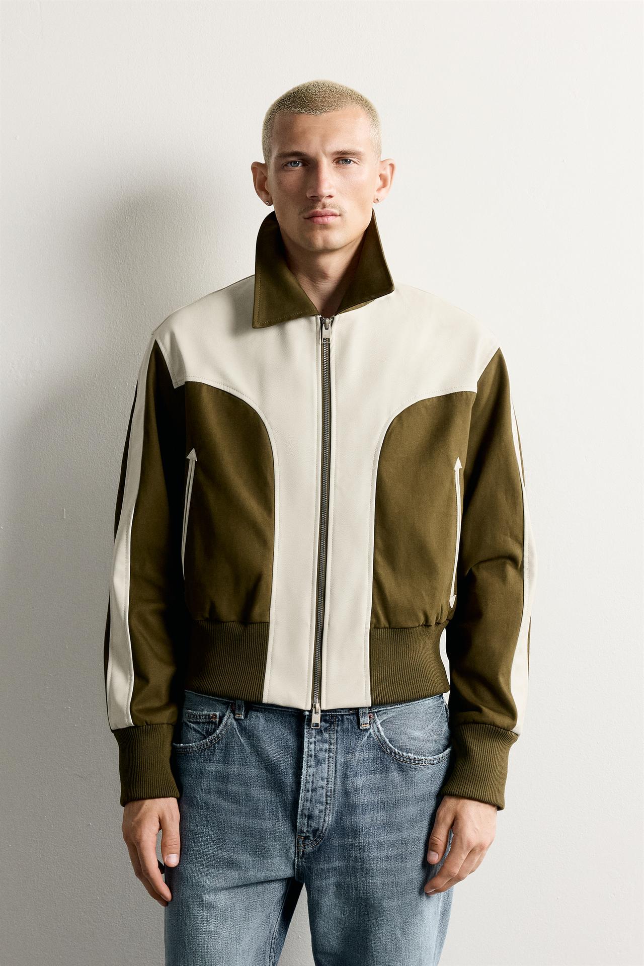 CONTRAST FAUX LEATHER JACKET — Ecru / Khaki