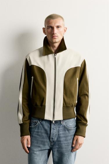 CONTRAST FAUX LEATHER JACKET — Ecru / Khaki 1