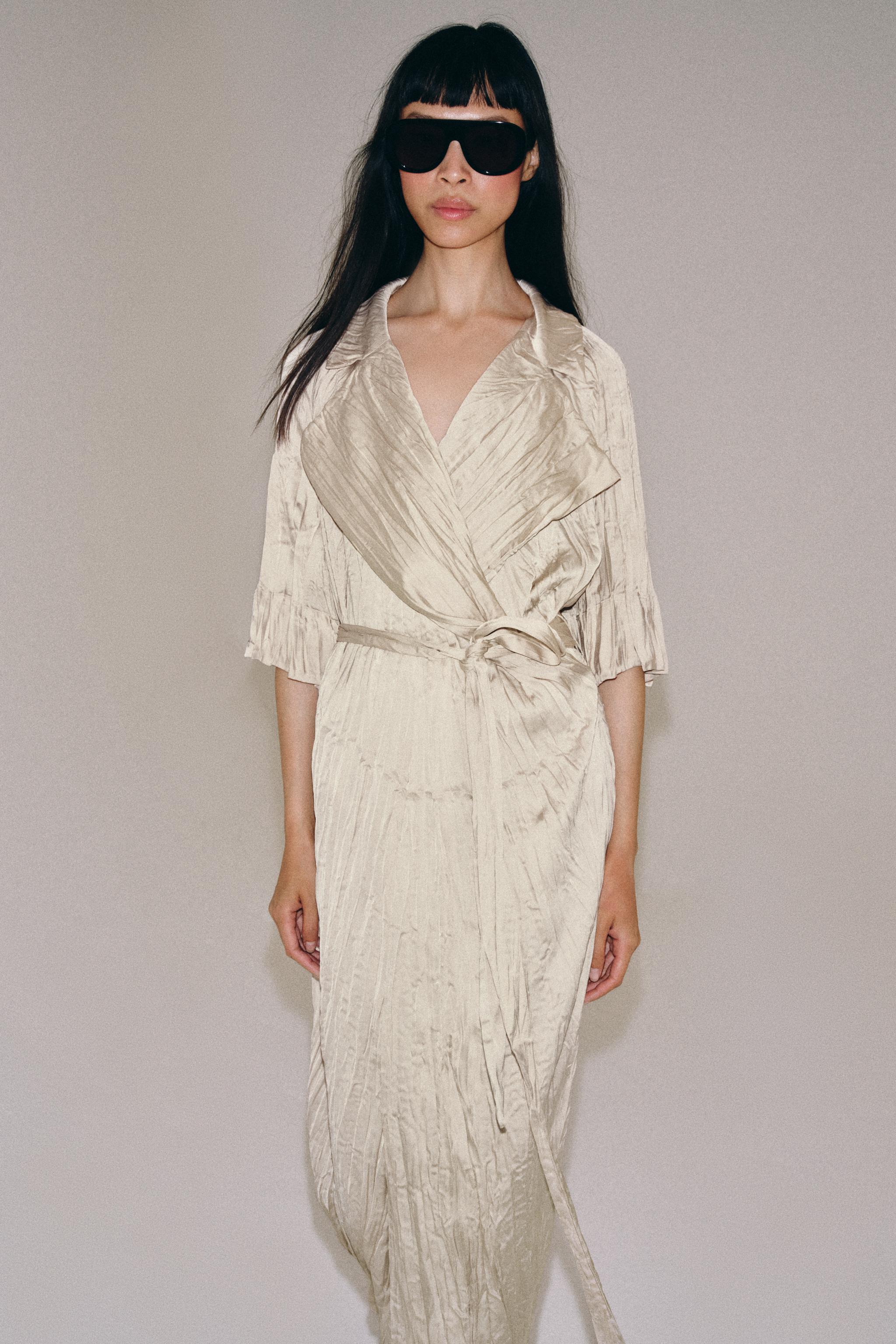 ZW COLLECTION PLEATED BELTED DRESS - Soft gold | ZARA United States ZW COLLECTION PLEATED BELTED DRESS - Soft gold | ZARA United States