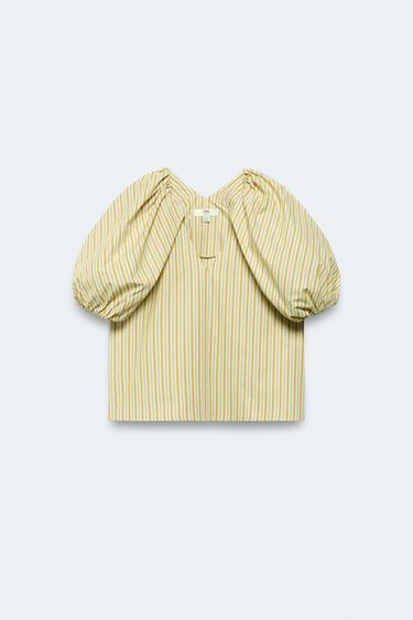 Zara LIMITED EDITION STRIPED PUFF SLEEVE BLOUSE - Lime green