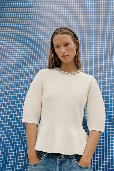 KNIT TOP WITH JEWEL NECK - Ecru by Zara