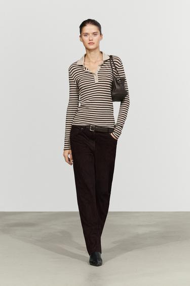 Long sleeve striped wool-blend polo — Bone 1