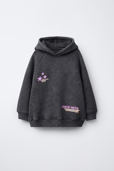 SUDADERA EFECTO LAVADO CAPUCHA TEXTO - Gris antracita de Zara