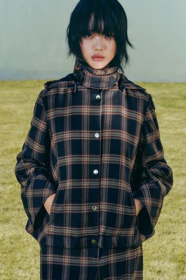 Zara 格紋絎縫連帽夾克 - 紅色/海藍色