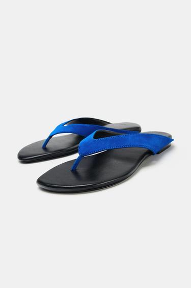 SANDALES PLATES EN CUIR - Bleu de Zara - Image 3