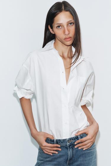 قميص بوبلين كبير الحجم - أبيض الخاص بـ Zara