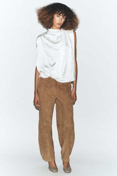Zara 100% SUEDE LEATHER PANTS - taupe brown
