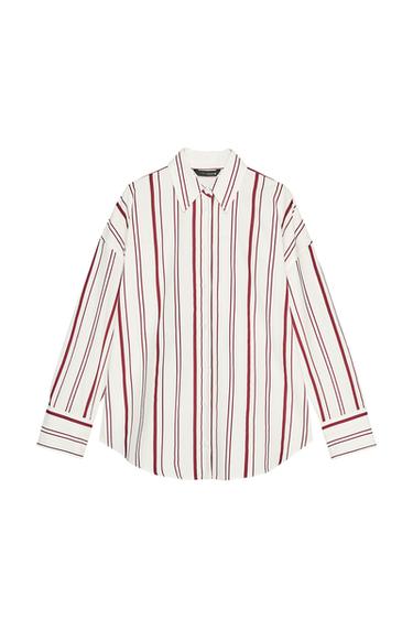 Front view of a white shirt with vertical burgundy and black stripes, classic collar, central button fastening, and long sleeves.