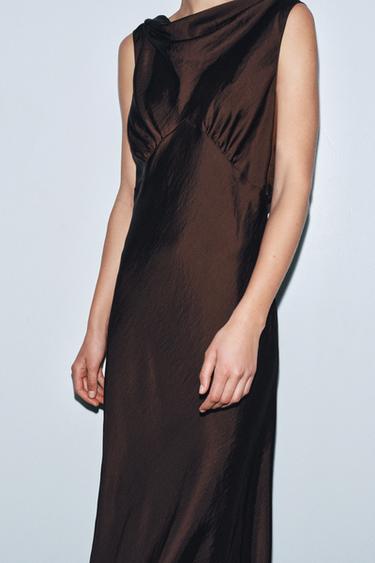 Zara ZW COLLECTION SATIN EFFECT MIDI DRESS - Brown