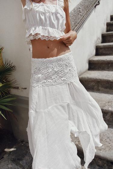 JUPE MI-LONGUE ASYMÉTRIQUE BRODÉE - Blanc de Zara - Image 1