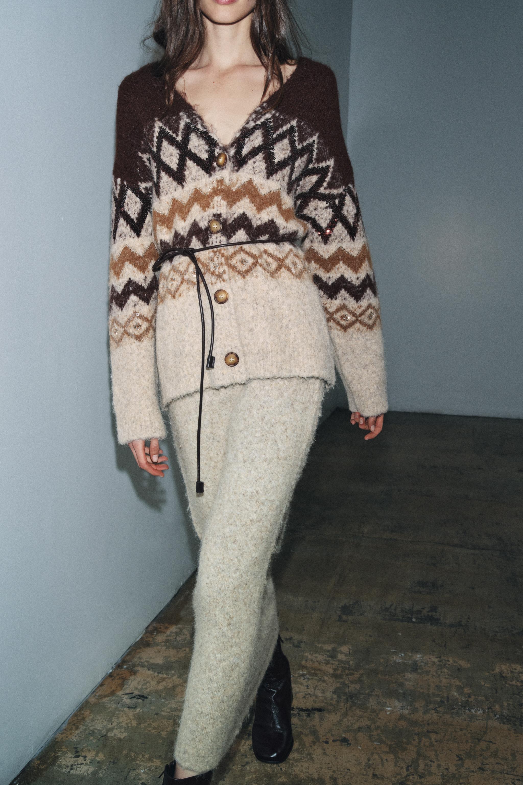 SEQUINED JACQUARD KNIT CARDIGAN WITH BELT