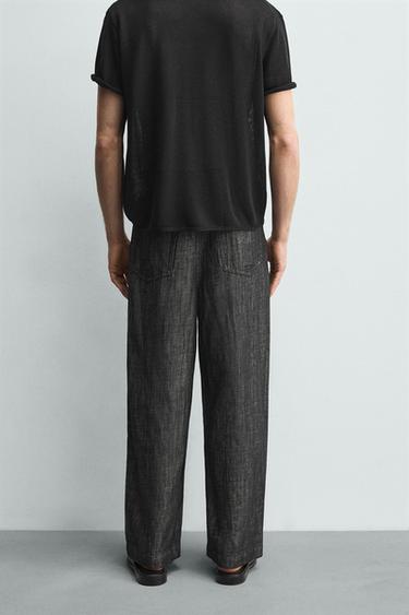 RELAXED FIT COTTON-LINEN TROUSERS - Black / White by Zara