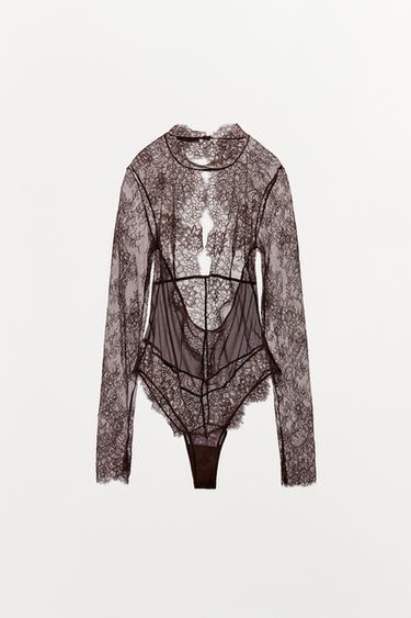 COMBINED LACE BACK NECKLINE BODYSUIT - MAROON by Zara - Image 5