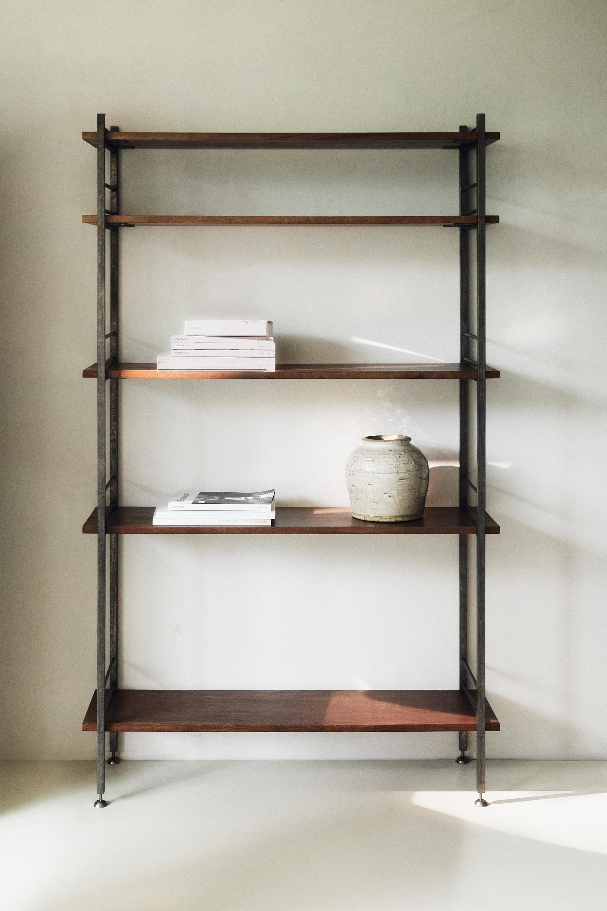 STAINLESS STEEL AND WOOD TALL SHELF UNIT