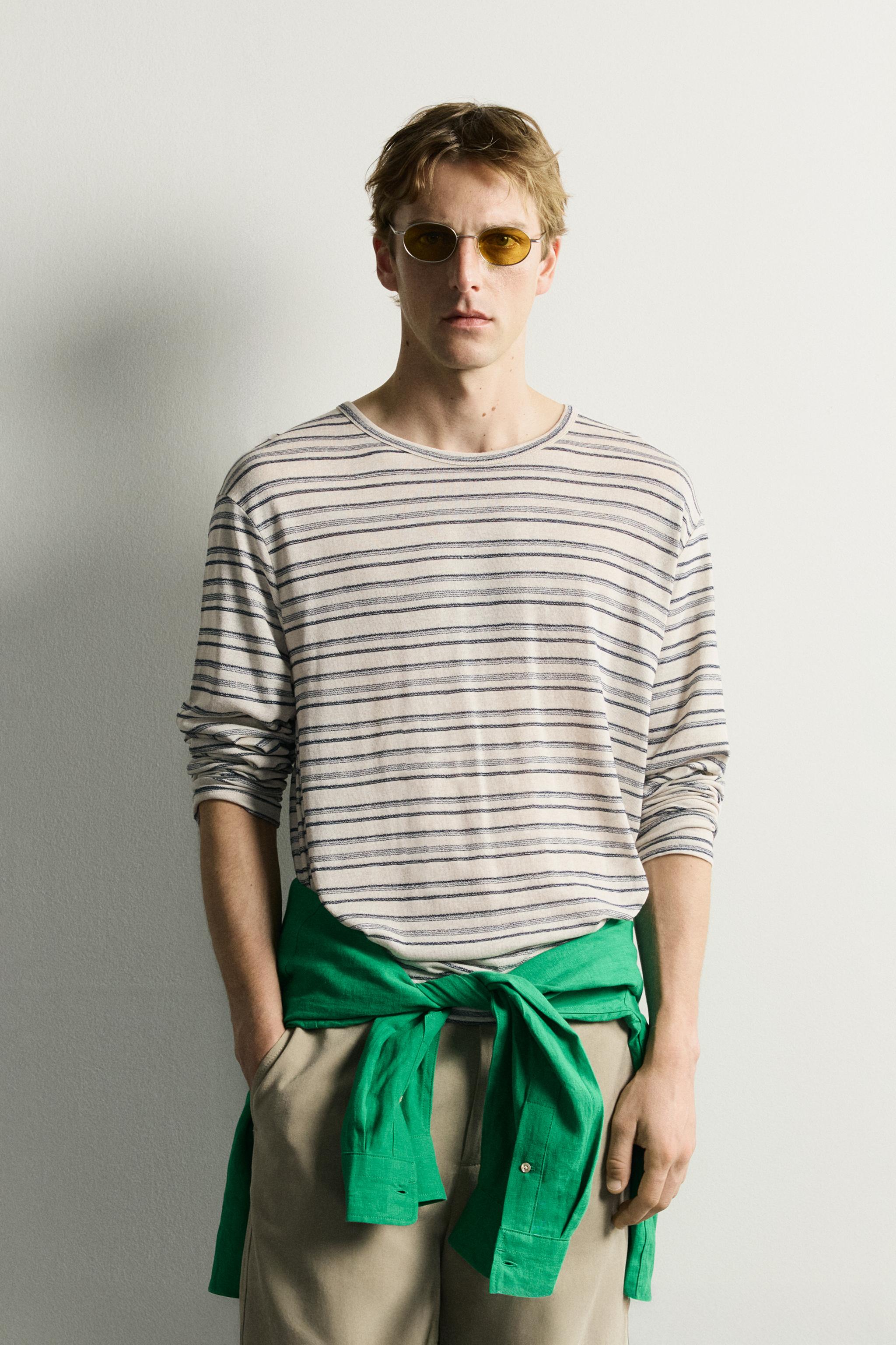 Мужские футболки Zara VISCOSE-LINEN STRIPED T-SHIRT — фото 2