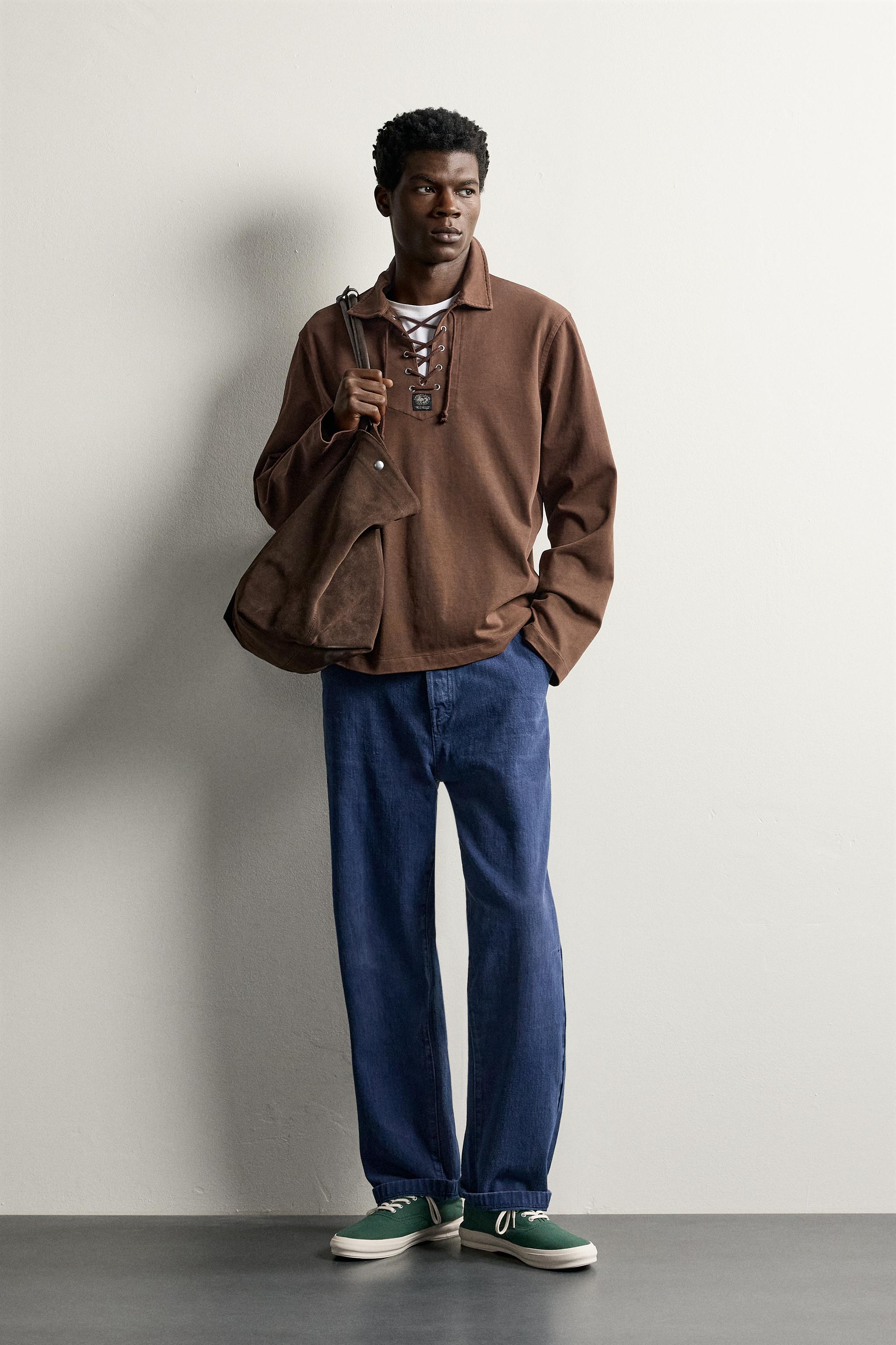 Мужские рубашки Zara WASHED DRAWSTRING POLO SHIRT