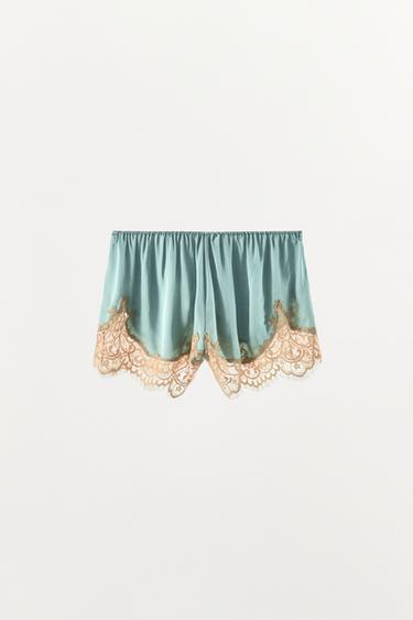 SHORT SATINÉ AVEC DENTELLE - Bleu canard de Zara - Image 6