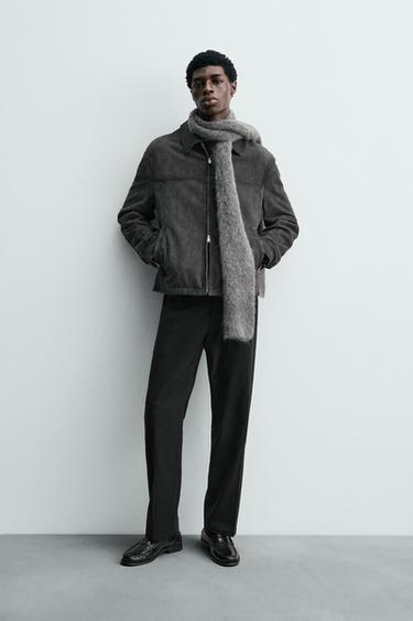 جاكيت بقصة عادية من جلد السويد - رمادي أنثراسايت الخاص بـ Zara