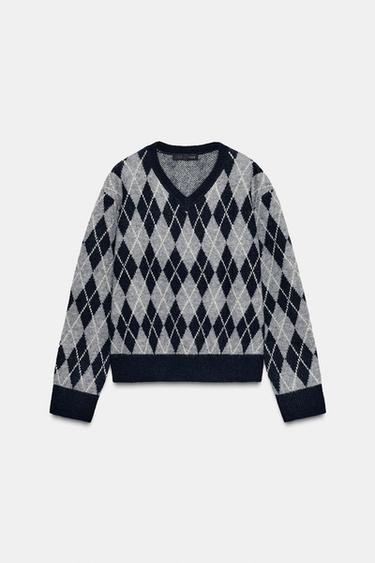STRICKPULLOVER MIT RAUTENMUSTER - Grau / Blau von Zara