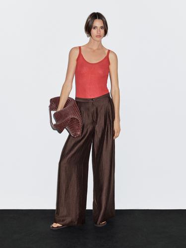 Zara Wide-leg mid-rise crinkle trousers - Mink marl - Image 0