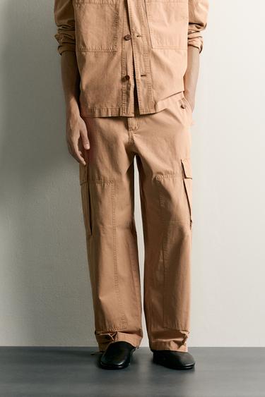 WASHED RELAXED FIT CARGO TROUSERS - camel by Zara