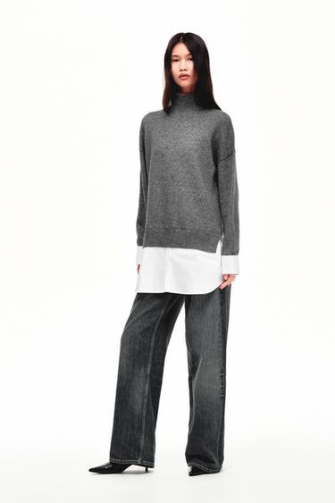 Zara 拼接府綢針織衫 - 白色 / 灰色