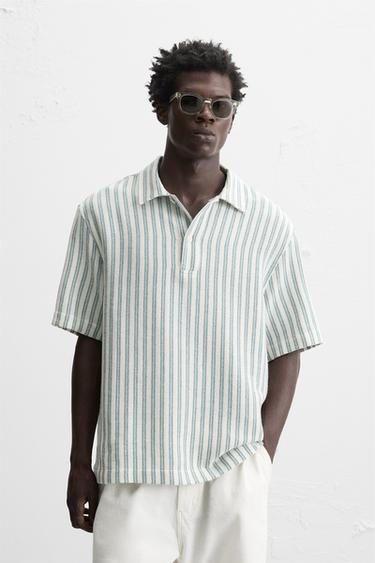 Zara HERRINGBONE TEXTURED POLO SHIRT - Green / Blue