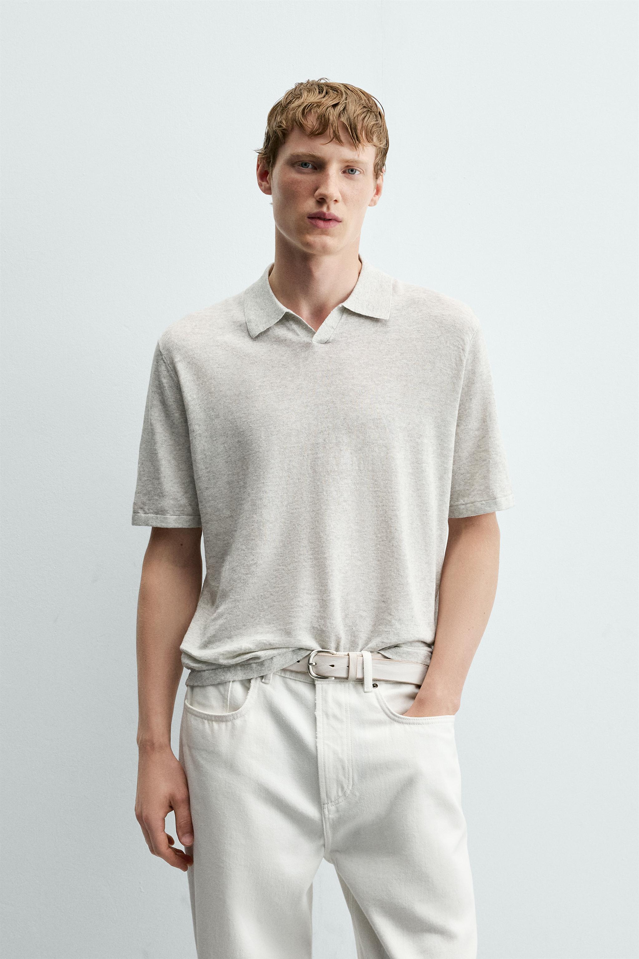 HEMP COTTON BLEND KNIT POLO — Gray marl