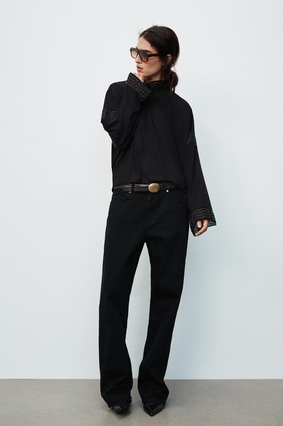 Zara 珠飾飄逸上衣 - 黑色 - 圖片 0