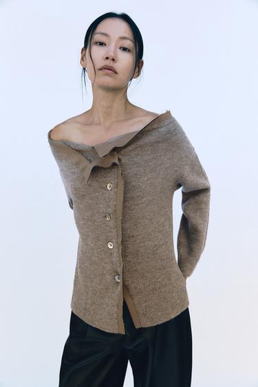 ボートネックニットカーディガンミンクZaraのボートネックニットカーディガン - ミンク