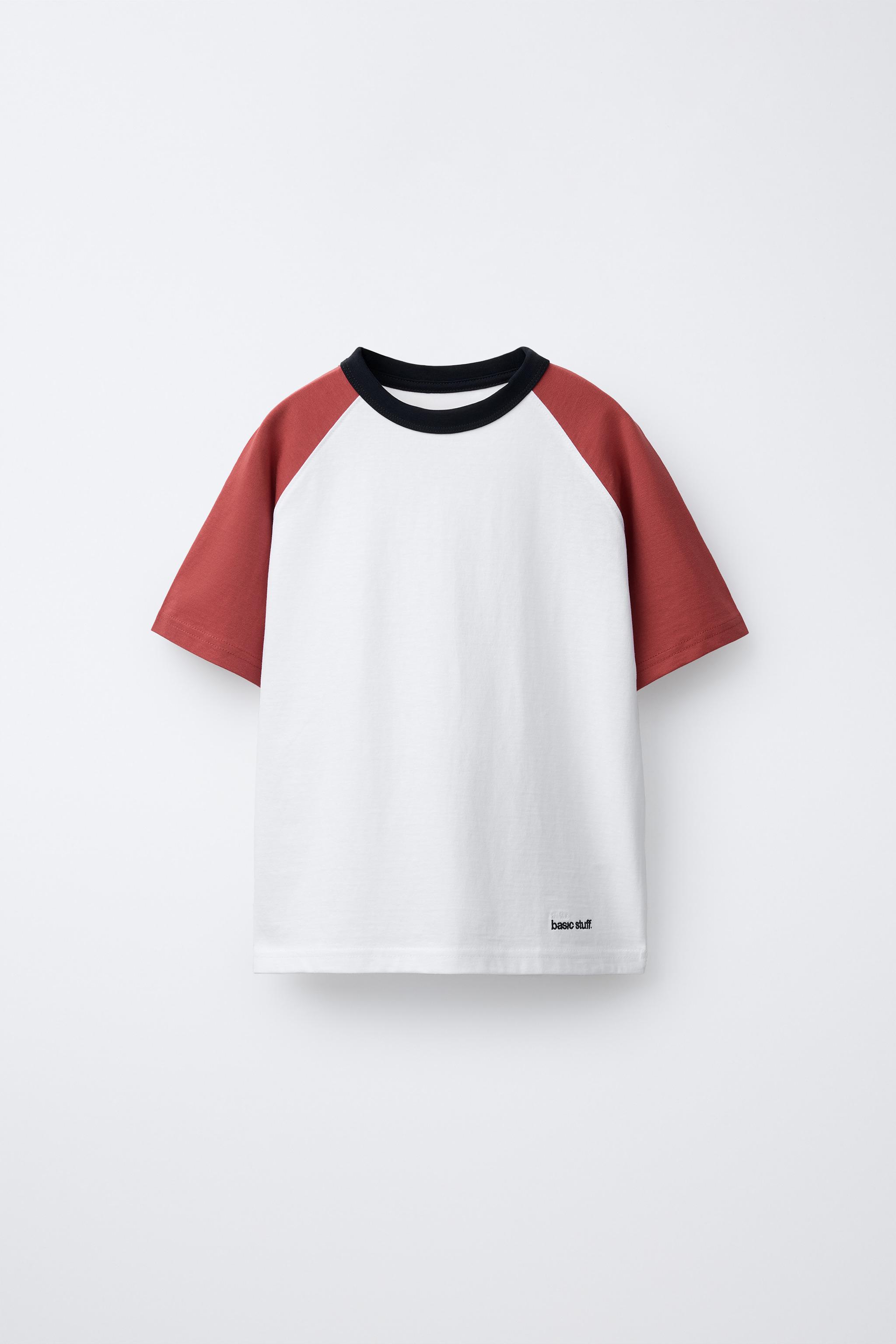 ラグランスリーブ刺繍テキストTシャツ - ホワイト/レッド | ZARA Japan