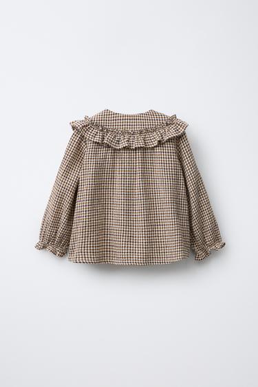 Zara PLAID RUFFLE BLOUSE - taupe brown