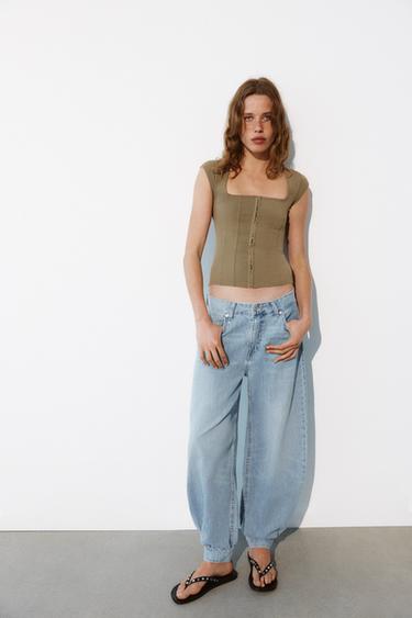 STRETCH CORSETRY-INSPIRED TOP - Dark khaki by Zara