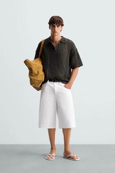 Zara CROCHET TEXTURED POLO SHIRT - Gray green
