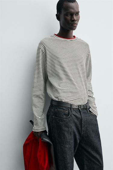 STRIPED T-SHIRT WITH CONTRAST - Oyster-white by Zara - Image 4