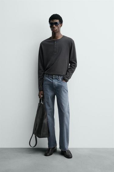 Zara HENLEY NECK T-SHIRT - Dark gray
