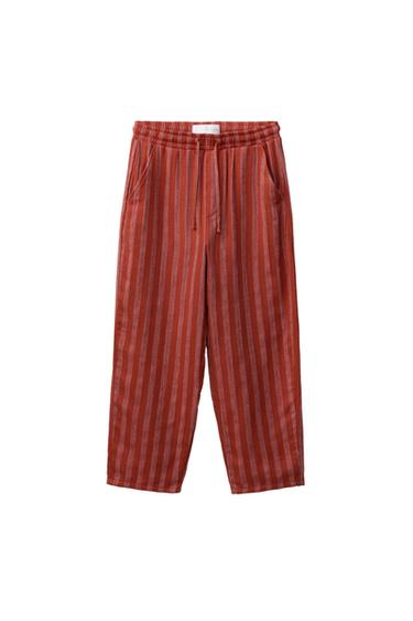 RUSTIKALNE ČRTASTE HLAČE IZ MEŠANICE LANA - Temno rdeča od Zare