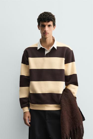 Zara CONTRAST COLLAR POLO SWEATSHIRT - Brown Stripes