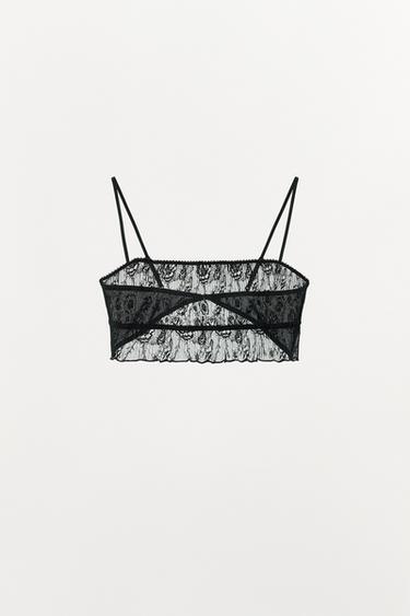 PLEATED LACE BRALETTE WITH EMBROIDERED FLOWERS - Black by Zara - Image 3