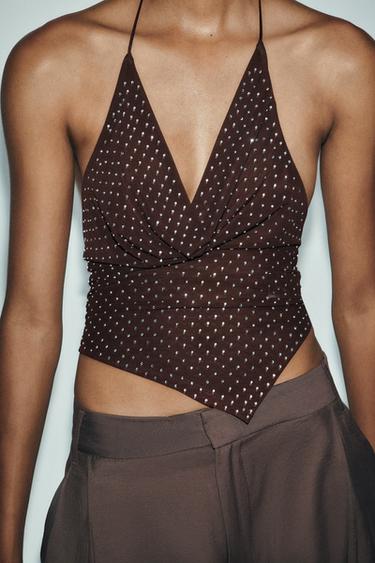 STRASS TULLE TOP - Brown by Zara