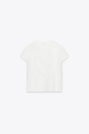T-SHIRT WITH TEXTURED HEART - White by Zara - Image 4