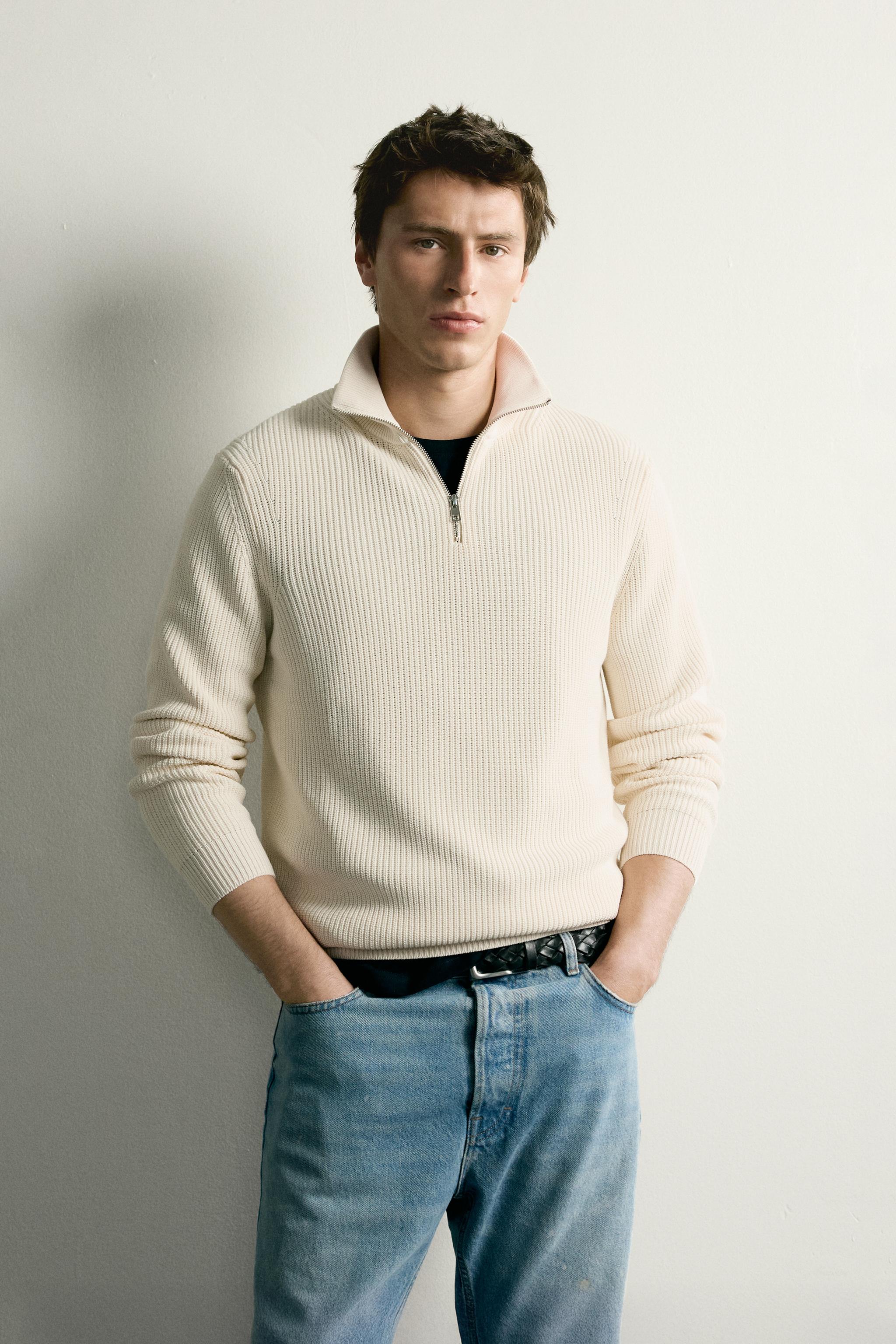 PURL KNIT QUARTER-ZIP SWEATER — Mid-ecru