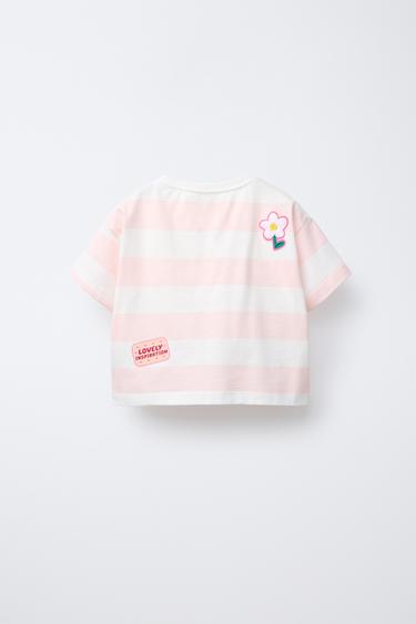 STRIPED T-SHIRT WITH PATCHES - Pastel pink by Zara - Image 1