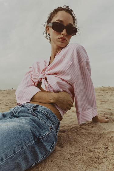 FLOWING LINEN BLEND SHIRT - Pink / White by Zara